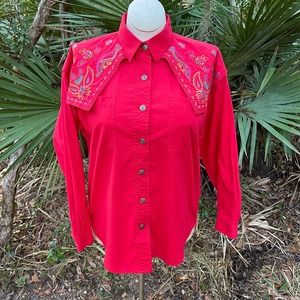 Vintage 90s Pink Embroidered Cotton Button Up Shirt Western Southwest Canyon L
